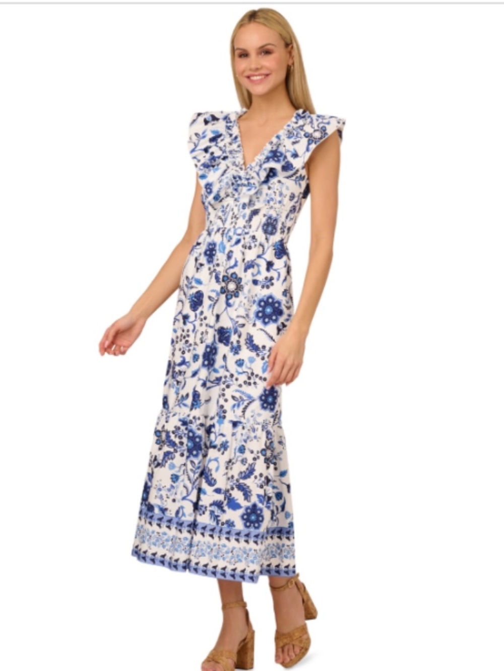 Adrianna Papell Printed Ruffle MIDI Dress White& Blue Size 2 100% Cotton